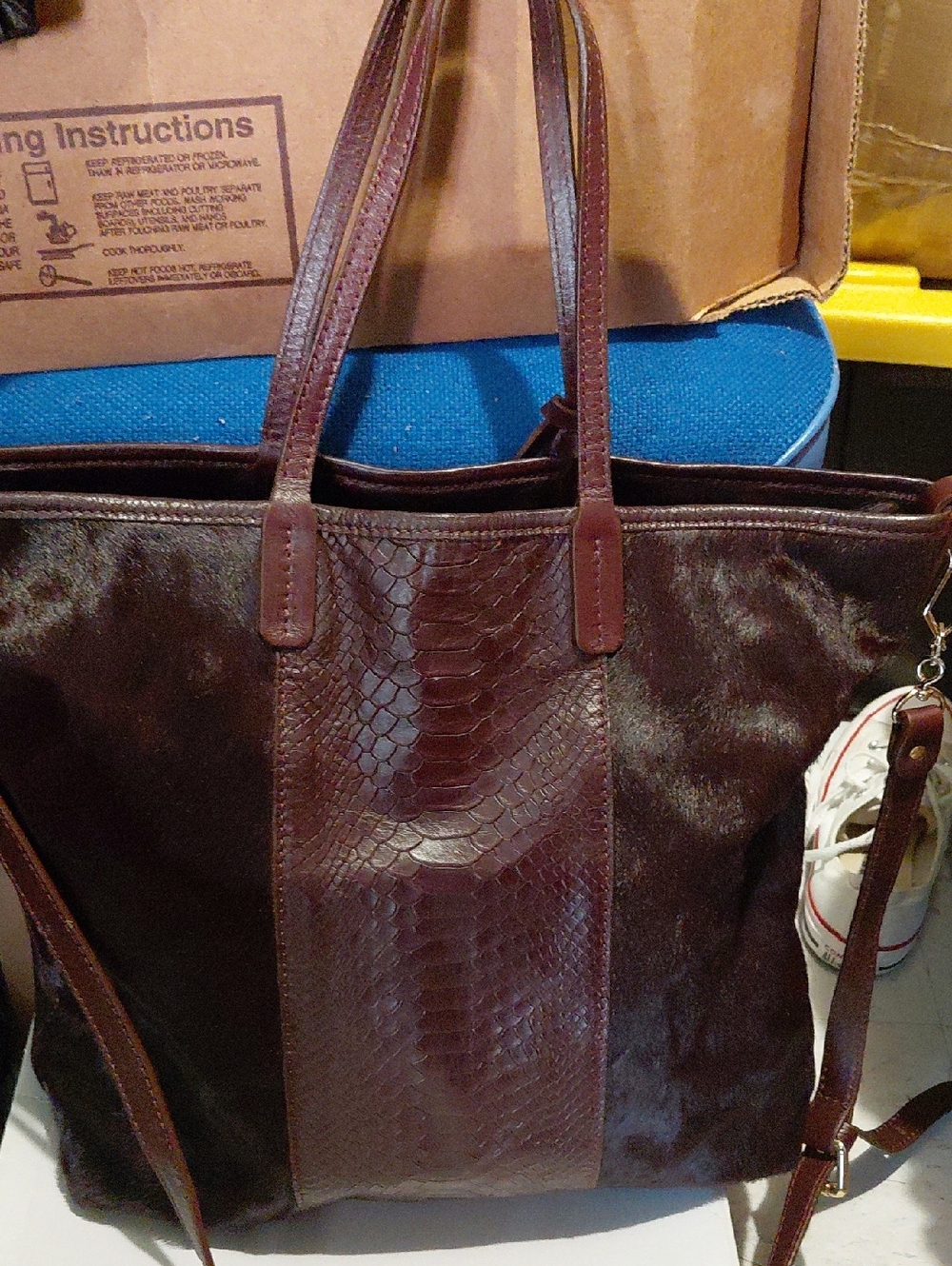 Classic Brown Haircalf & Embossed Leather Messenger Tote